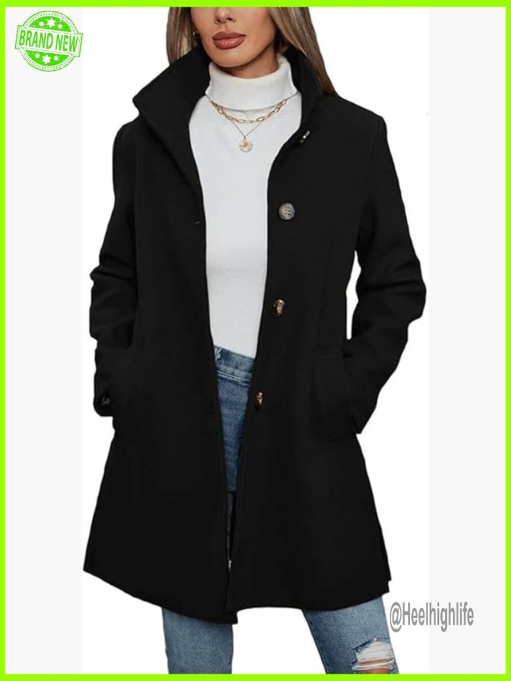 Women's Wool Blend Pea Coat Midi Overcoat Stand Collar Long Sleeve Slim Fit
